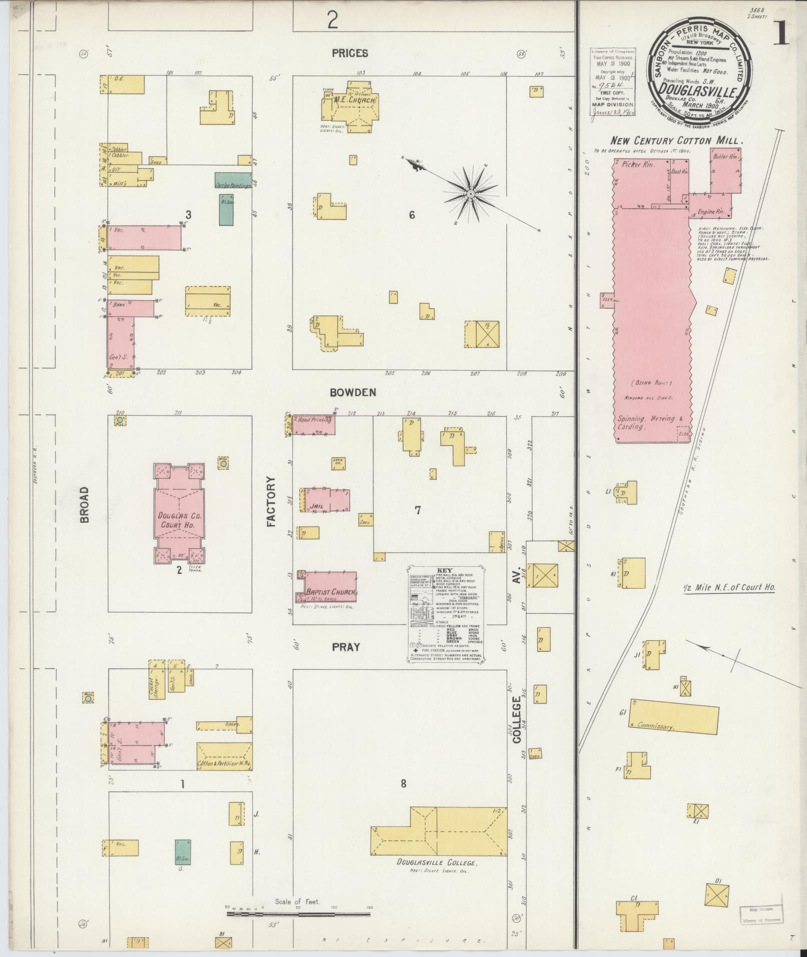 Sanborn Fire Insurance Map from Douglasville, Douglas County, Georgia (1900), Sheet #0001 - Complete Map Set gallery image, historic Sanborn map, vintage wall art, Georgia Georgia