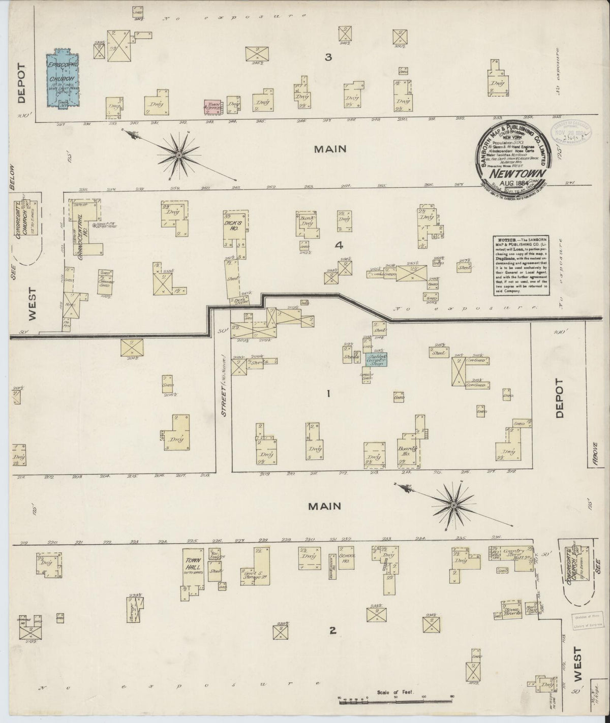Sanborn Fire Insurance Map from Newtown, Fairfield County, Connecticut (1884), Sheet #0001 - Historic Sanborn Fire Insurance Map Print, vintage old map wall art, antique decor, genealogy gift, Connecticut Connecticut map