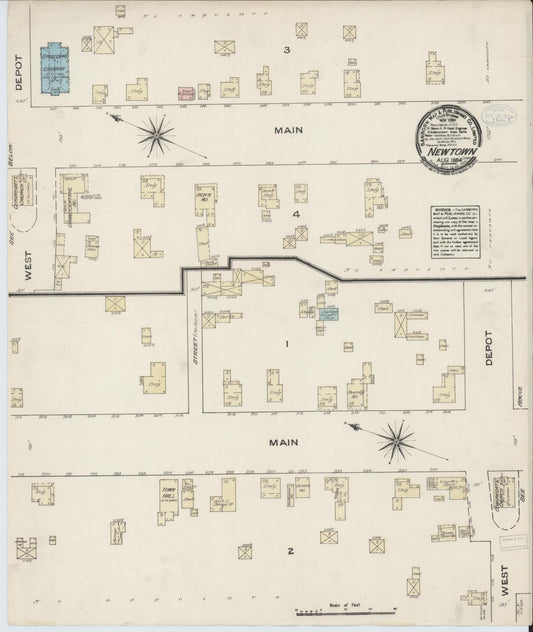 Sanborn Fire Insurance Map from Newtown, Fairfield County, Connecticut (1884), Sheet #0001 - Historic Sanborn Fire Insurance Map Print, vintage old map wall art, antique decor, genealogy gift, Connecticut Connecticut map