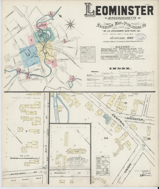 Sanborn Fire Insurance Map from Leominster, Worcester County, Massachusetts (1884), Sheet #0001 - Complete Map Set gallery image, historic Sanborn map, vintage wall art, Massachusetts Massachusetts