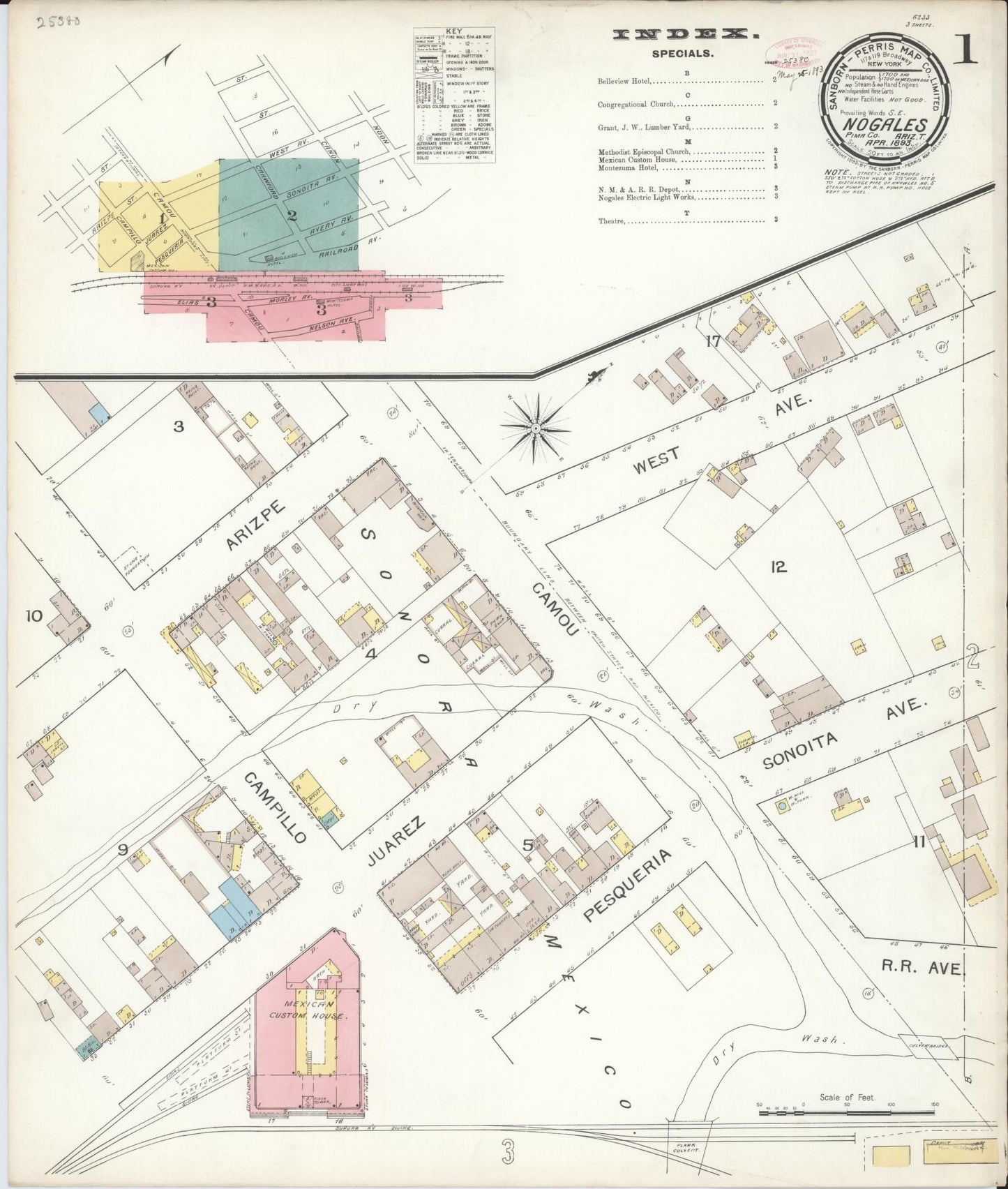 Sanborn Fire Insurance Map from Nogales, Santa Cruz County, Arizona (1893), Sheet #0001 - Historic Sanborn Fire Insurance Map Print, vintage old map wall art, antique decor, genealogy gift, Arizona Arizona map