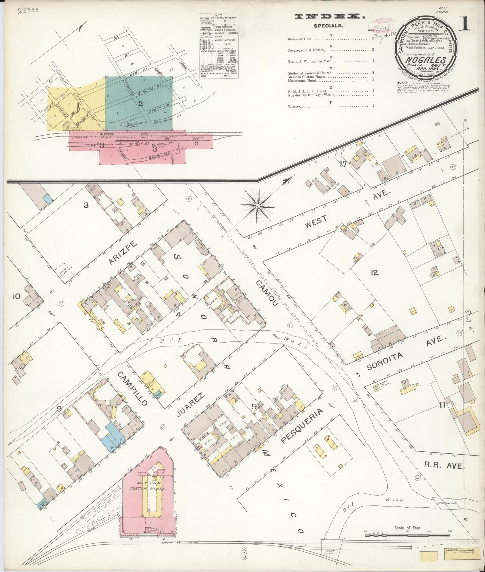 Sanborn Fire Insurance Map from Nogales, Santa Cruz County, Arizona (1893), Sheet #0001 - Historic Sanborn Fire Insurance Map Print, vintage old map wall art, antique decor, genealogy gift, Arizona Arizona map