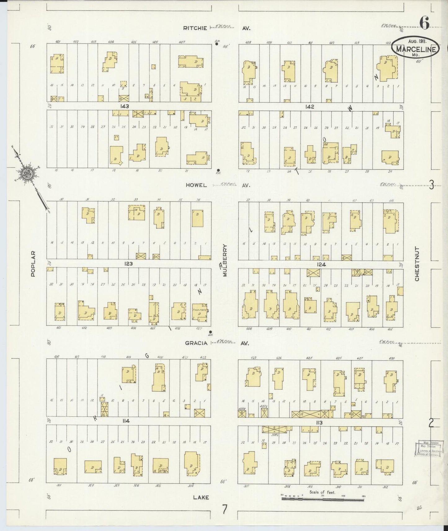 Sanborn Fire Insurance Map from Marceline, Linn County, Missouri (1911), Sheet #0006 - Historic Sanborn Fire Insurance Map Print, vintage old map wall art, antique decor, genealogy gift, Missouri Missouri map