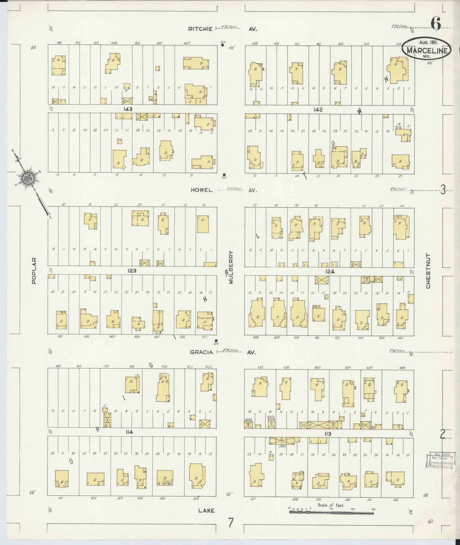 Sanborn Fire Insurance Map from Marceline, Linn County, Missouri (1911), Sheet #0006 - Historic Sanborn Fire Insurance Map Print, vintage old map wall art, antique decor, genealogy gift, Missouri Missouri map
