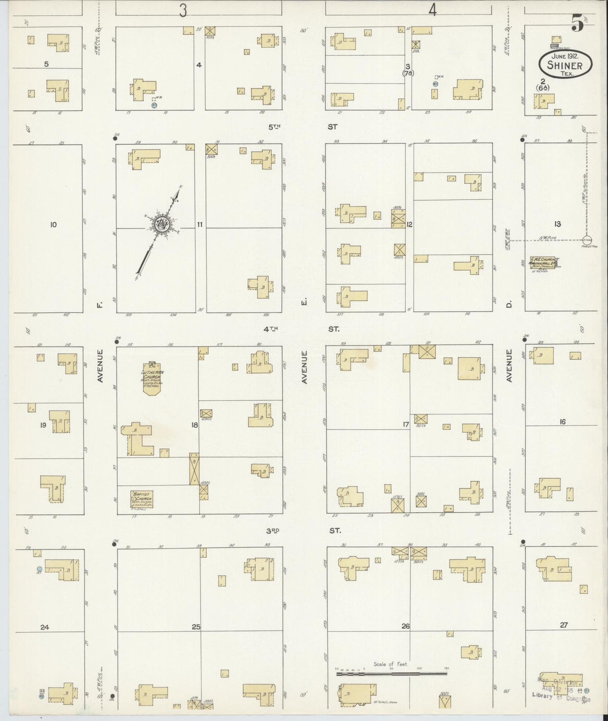 Sanborn Fire Insurance Map from Shiner, Lavaca County, Texas (1912), Sheet #0005 - Complete Map Set gallery image, historic Sanborn map, vintage wall art, Texas Texas