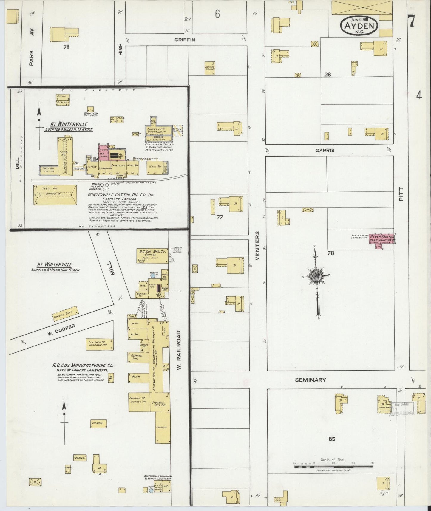 Sanborn Fire Insurance Map from Ayden, Pitt County, North Carolina (1919), Sheet #0007 - Complete Map Set gallery image, historic Sanborn map, vintage wall art, North Carolina North Carolina