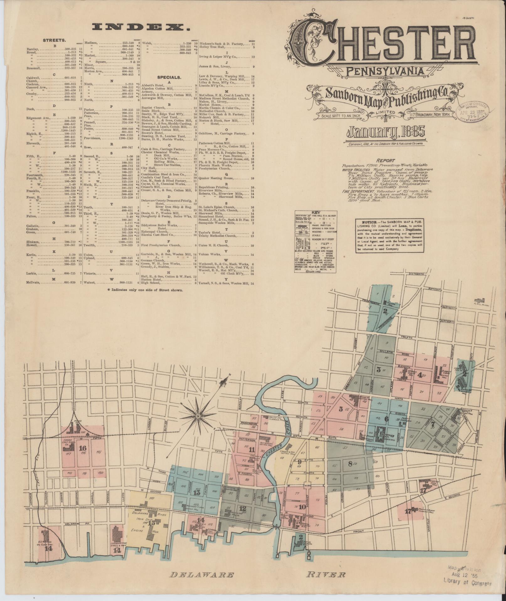 Sanborn Fire Insurance Map from Chester, Delaware County, Pennsylvania (1885), Sheet #0001 - Historic Sanborn Fire Insurance Map Print, vintage old map wall art, antique decor, genealogy gift, Pennsylvania Pennsylvania map
