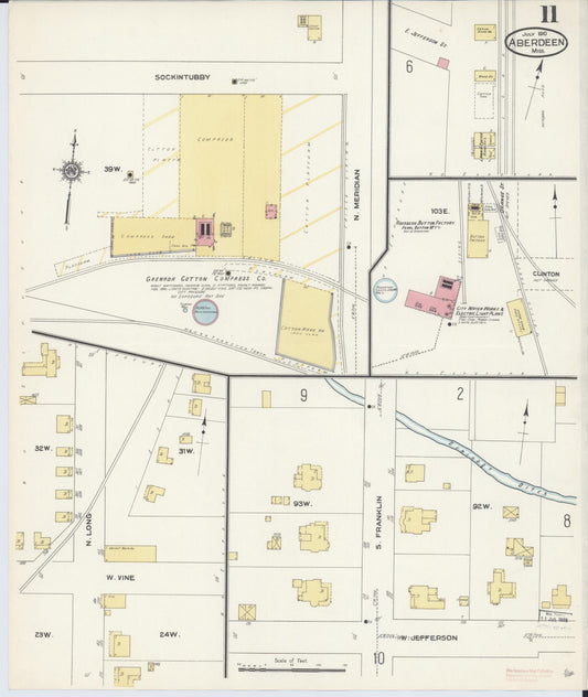 Sanborn Fire Insurance Map from Aberdeen, Monroe County, Mississippi (1910), Sheet #0011 - Historic Sanborn Fire Insurance Map Print, vintage old map wall art, antique decor, genealogy gift, Mississippi Mississippi map