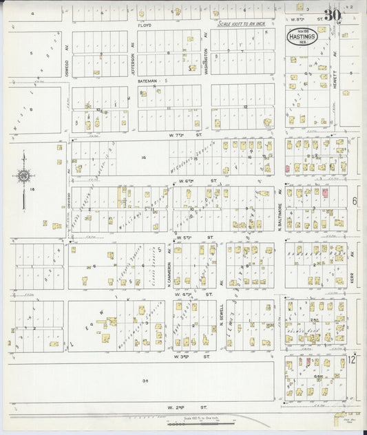 Sanborn Fire Insurance Map from Hastings, Adams County, Nebraska (1915), Sheet #0030 - Historic Sanborn Fire Insurance Map Print, vintage old map wall art, antique decor, genealogy gift, Nebraska Nebraska map