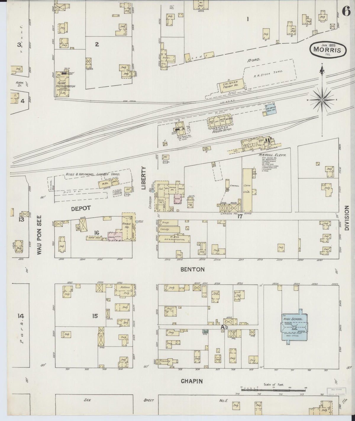 Sanborn Fire Insurance Map from Morris, Grundy County, Illinois (1889), Sheet #0006 - Historic Sanborn Fire Insurance Map Print, vintage old map wall art, antique decor, genealogy gift, Illinois Illinois map
