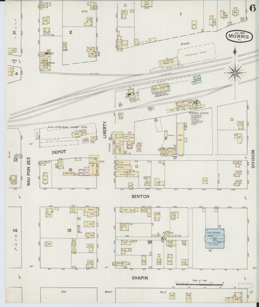 Sanborn Fire Insurance Map from Morris, Grundy County, Illinois (1889), Sheet #0006 - Historic Sanborn Fire Insurance Map Print, vintage old map wall art, antique decor, genealogy gift, Illinois Illinois map