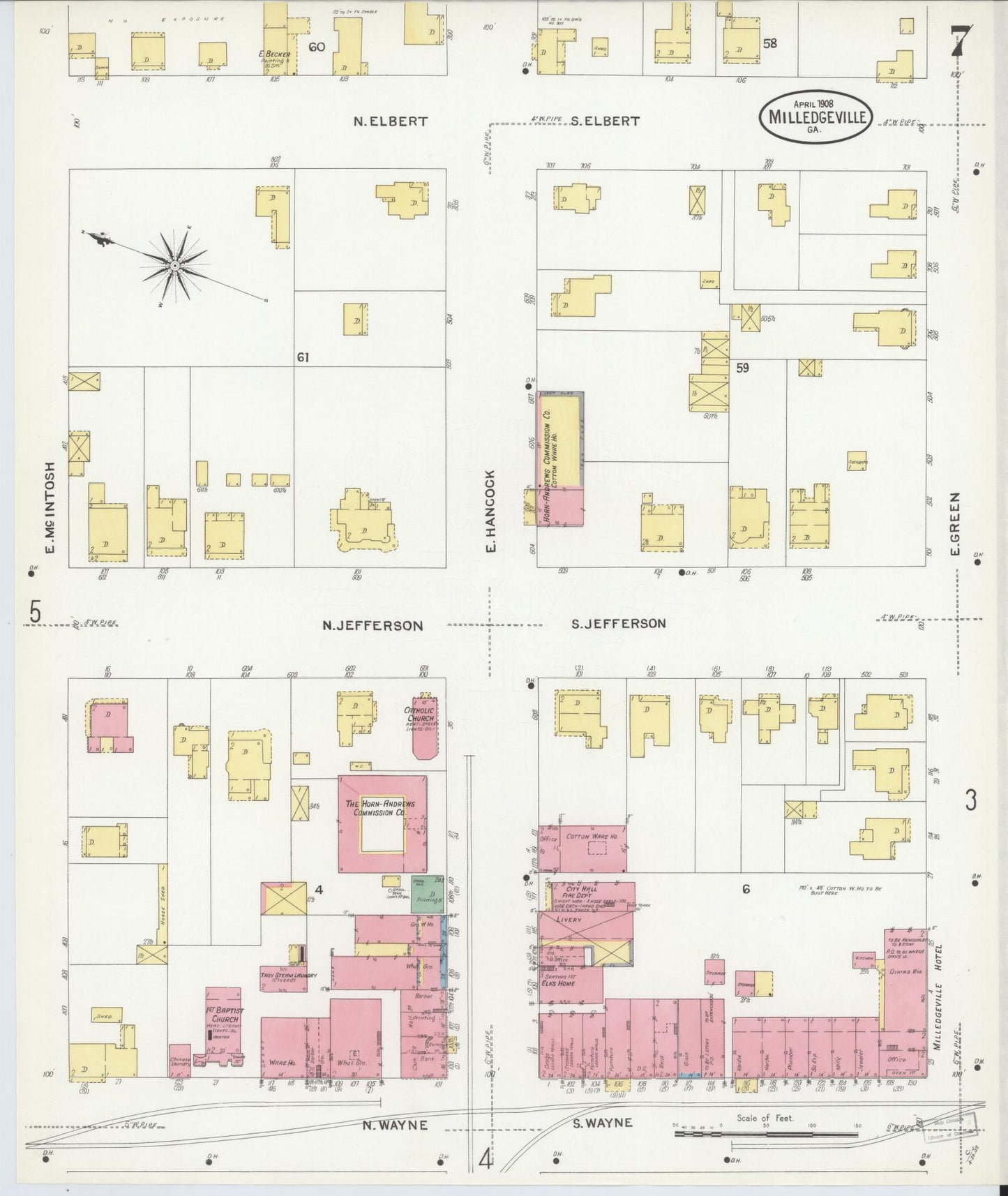 Sanborn Fire Insurance Map from Milledgeville, Baldwin County, Georgia (1908), Sheet #0007 - Historic Sanborn Fire Insurance Map Print, vintage old map wall art, antique decor, genealogy gift, Georgia Georgia map
