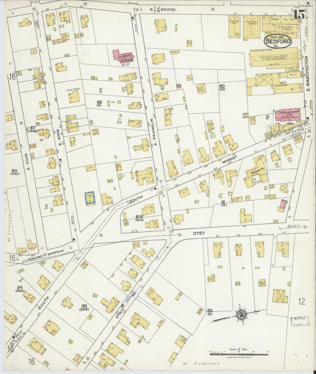 Sanborn Fire Insurance Map from Bedford, Independent Cities, Virginia (1921), Sheet #0015 - Complete Map Set gallery image, historic Sanborn map, vintage wall art, Virginia Virginia
