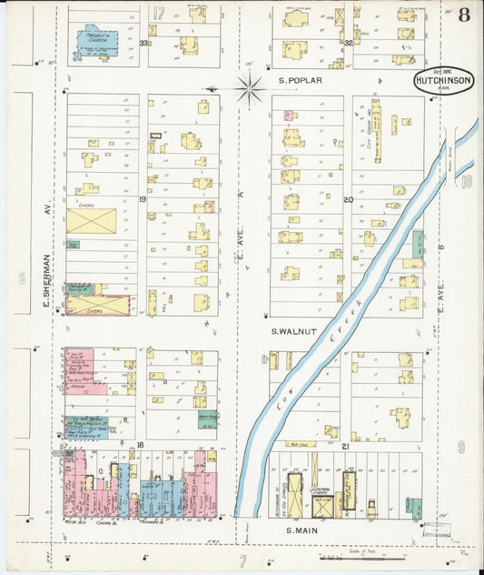 Sanborn Fire Insurance Map from Hutchinson, Reno County, Kansas (1892), Sheet #0008 - Historic Sanborn Fire Insurance Map Print, vintage old map wall art, antique decor, genealogy gift, Kansas Kansas map