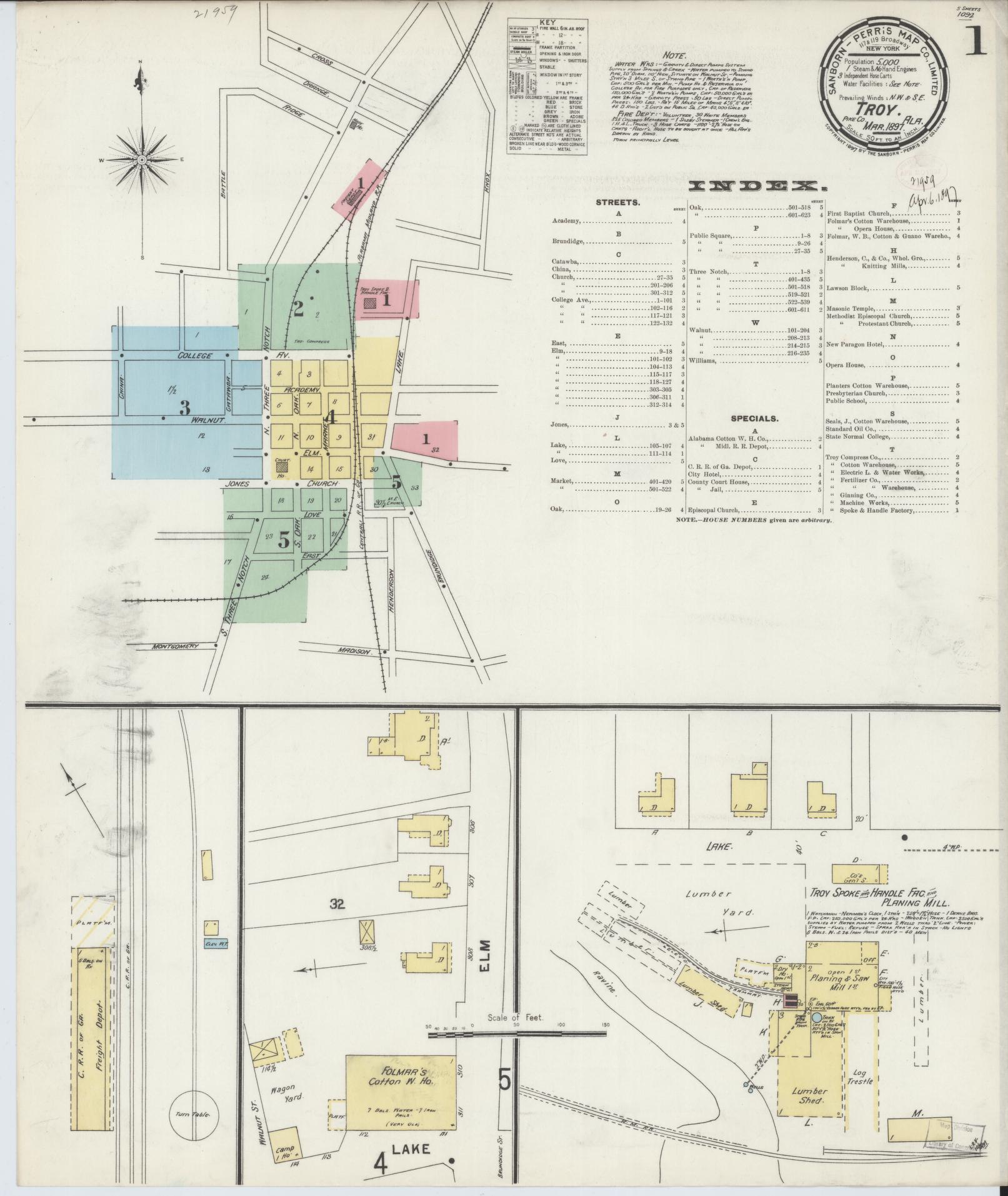Sanborn Fire Insurance Map from Troy, Pike County, Alabama (1897), Sheet #0001 - Historic Sanborn Fire Insurance Map Print, vintage old map wall art, antique decor, genealogy gift, Alabama Alabama map