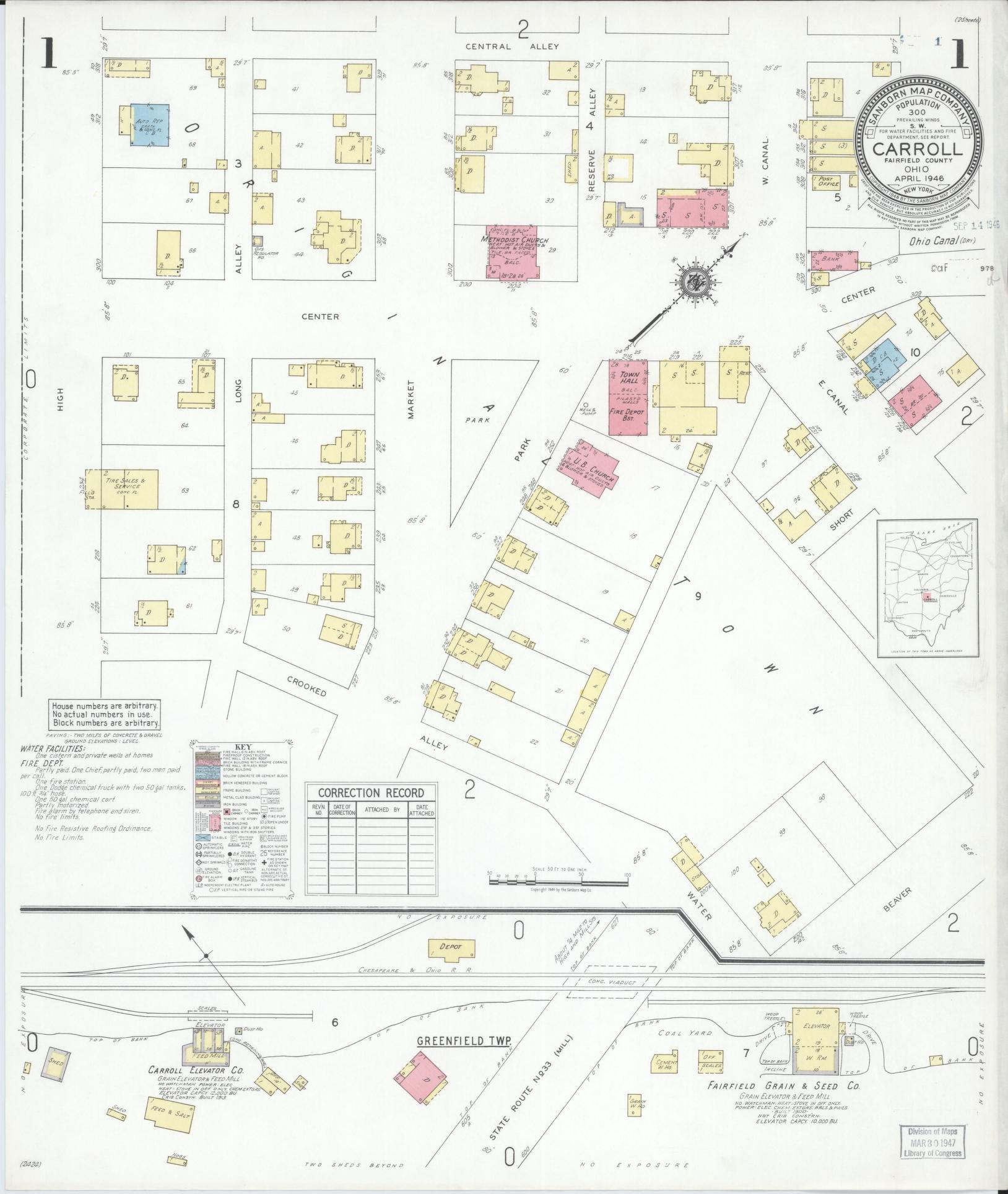 Sanborn Fire Insurance Map from Carroll, Fairfield County, Ohio (1946), Sheet #0001 - Historic Sanborn Fire Insurance Map Print, vintage old map wall art, antique decor, genealogy gift, Ohio Ohio map