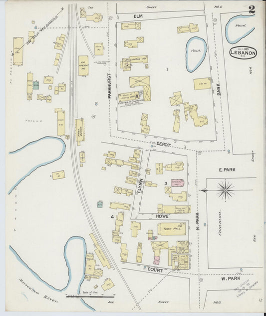 Sanborn Fire Insurance Map from Lebanon, Grafton County, New Hampshire (1889), Sheet #0002 - Historic Sanborn Fire Insurance Map Print, vintage old map wall art, antique decor, genealogy gift, New Hampshire New Hampshire map