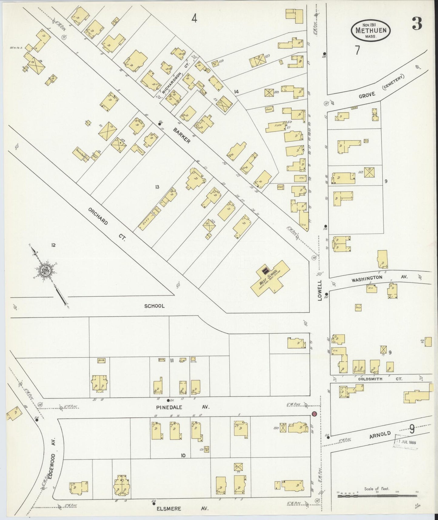 Sanborn Fire Insurance Map from Methuen, Essex County, Massachusetts (1911), Sheet #0003 - Historic Sanborn Fire Insurance Map Print, vintage old map wall art, antique decor, genealogy gift, Massachusetts Massachusetts map