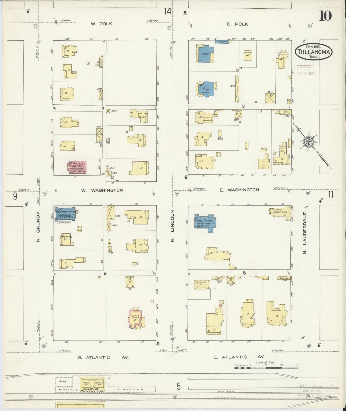 Sanborn Fire Insurance Map from Tullahoma, Coffee County, Tennessee (1913), Sheet #0010 - Complete Map Set gallery image, historic Sanborn map, vintage wall art, Tennessee Tennessee