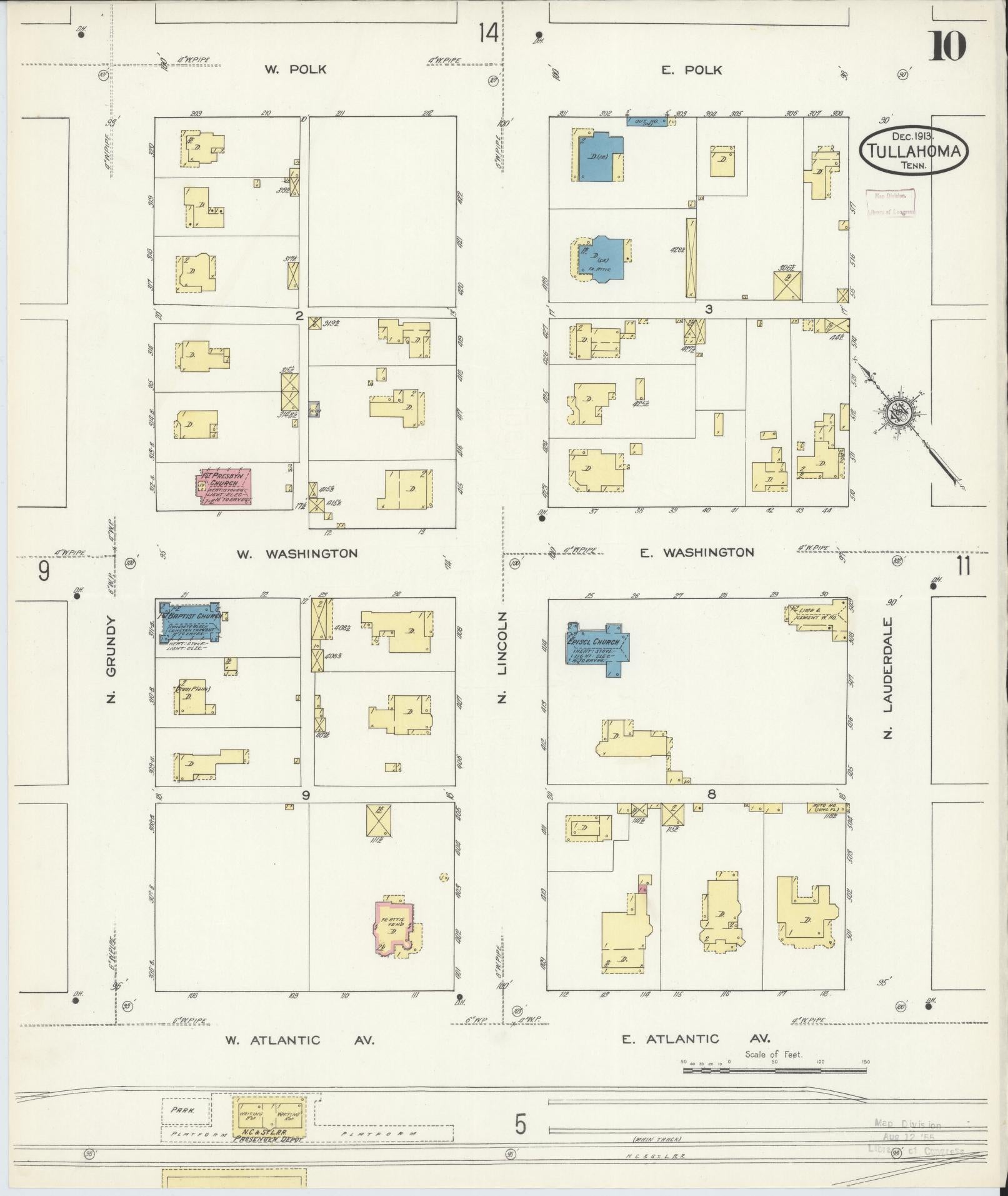 Sanborn Fire Insurance Map from Tullahoma, Coffee County, Tennessee (1913), Sheet #0010 - Complete Map Set gallery image, historic Sanborn map, vintage wall art, Tennessee Tennessee
