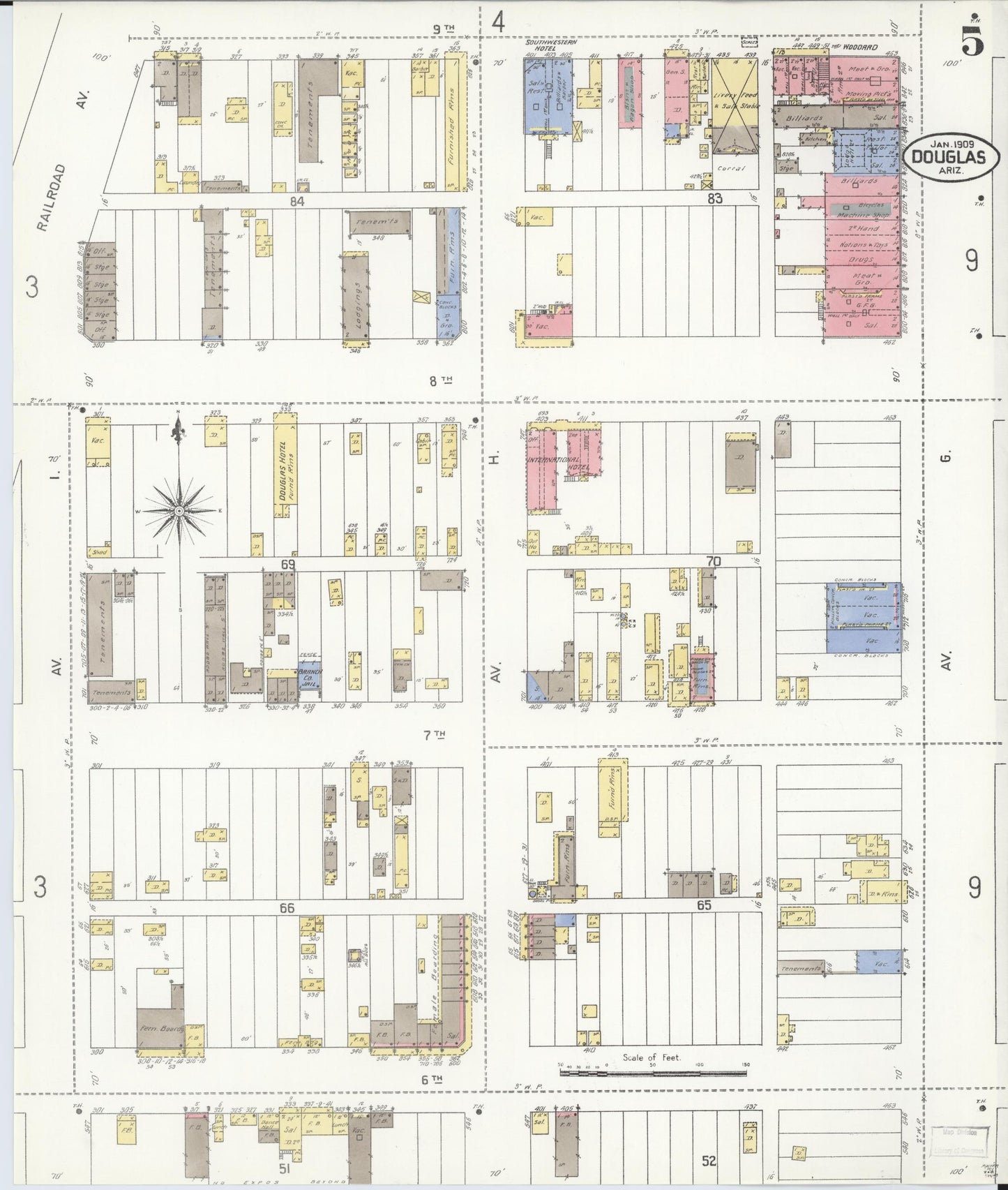 Sanborn Fire Insurance Map from Douglas, Cochise County, Arizona (1909), Sheet #0005 - Complete Map Set gallery image, historic Sanborn map, vintage wall art, Arizona Arizona