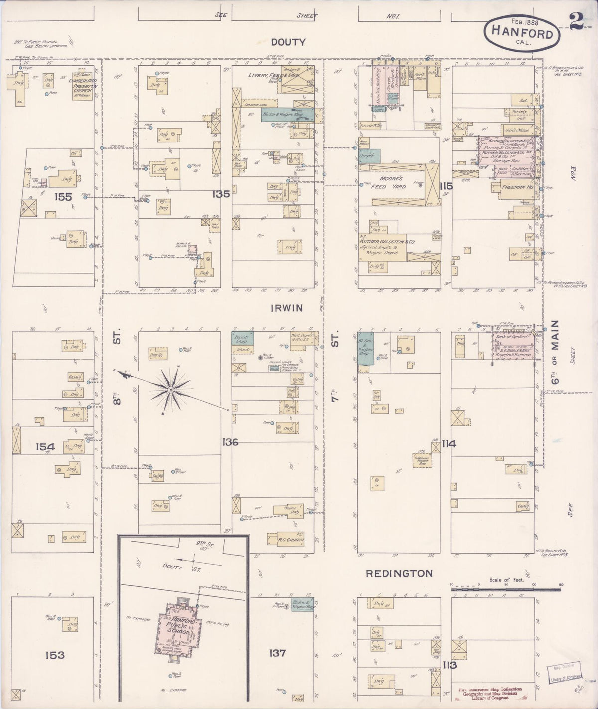 Sanborn Fire Insurance Map from Hanford, Kings County, California (1888), Sheet #0002 - Complete Map Set gallery image, historic Sanborn map, vintage wall art, California California
