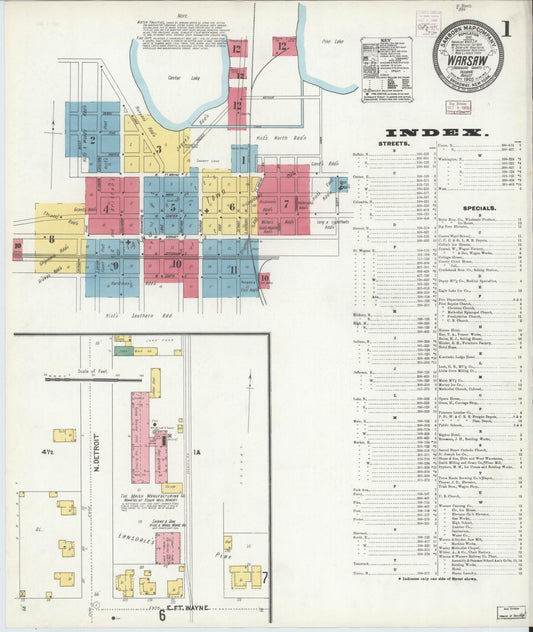 Sanborn Fire Insurance Map from Warsaw, Kosciusko County, Indiana (1905), Sheet #0001 - Historic Sanborn Fire Insurance Map Print, vintage old map wall art, antique decor, genealogy gift, Indiana Indiana map