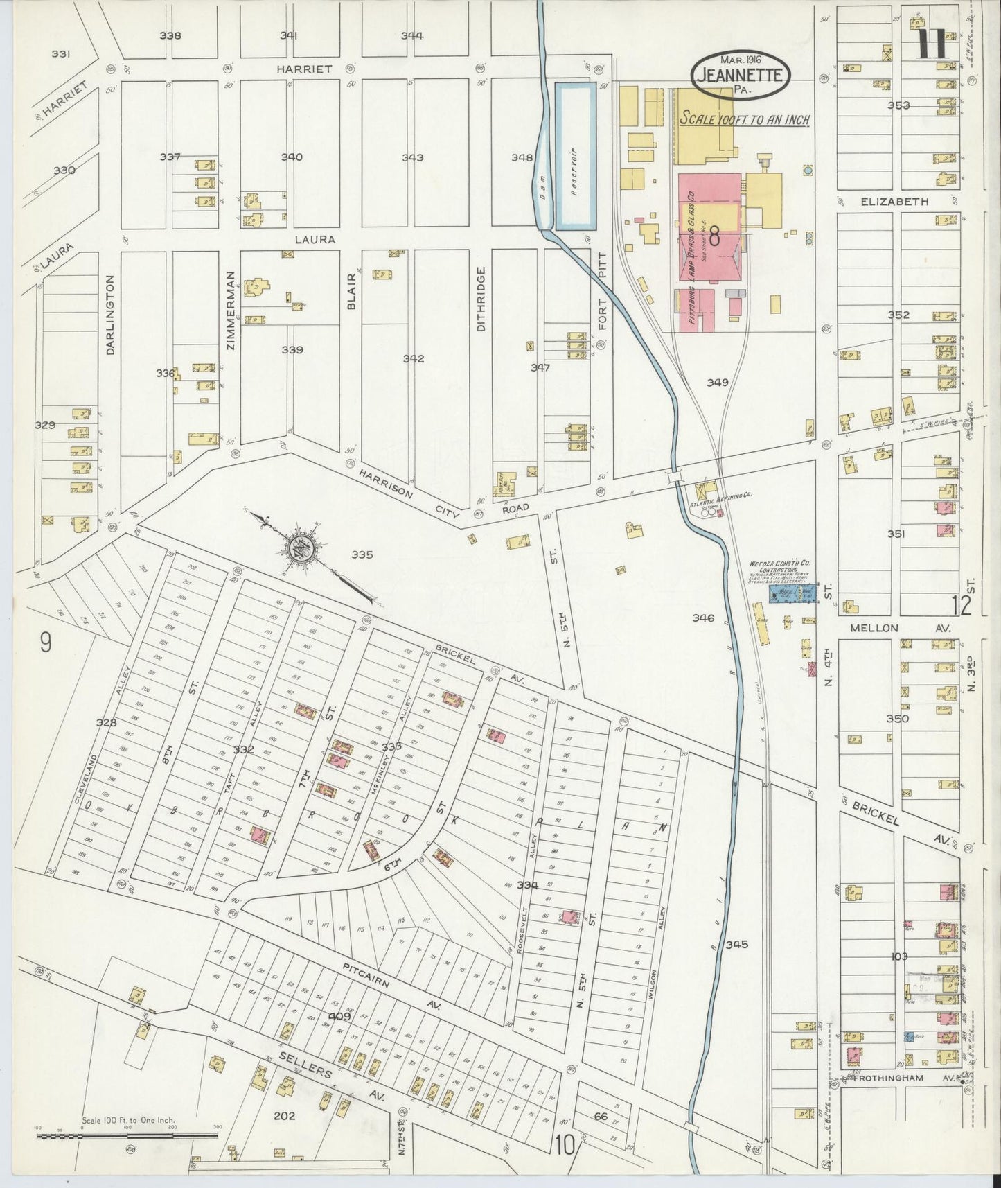Sanborn Fire Insurance Map from Jeannette, Westmoreland County, Pennsylvania (1916), Sheet #0011 - Historic Sanborn Fire Insurance Map Print, vintage old map wall art, antique decor, genealogy gift, Pennsylvania Pennsylvania map