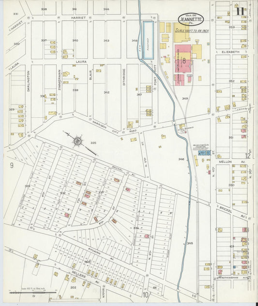 Sanborn Fire Insurance Map from Jeannette, Westmoreland County, Pennsylvania (1916), Sheet #0011 - Historic Sanborn Fire Insurance Map Print, vintage old map wall art, antique decor, genealogy gift, Pennsylvania Pennsylvania map