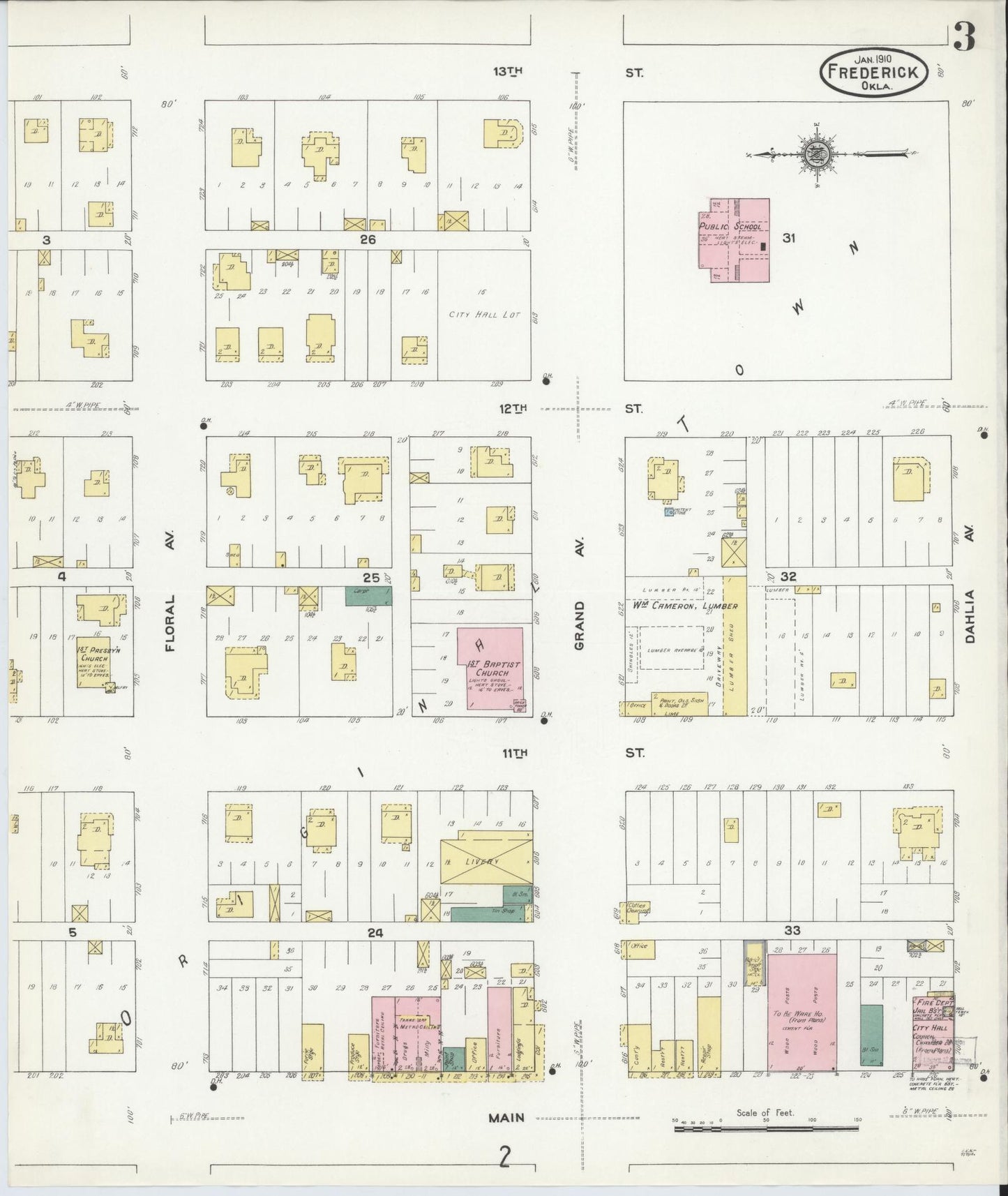 Sanborn Fire Insurance Map from Frederick, Tillman County, Oklahoma (1910), Sheet #0003 - Historic Sanborn Fire Insurance Map Print, vintage old map wall art, antique decor, genealogy gift, Oklahoma Oklahoma map