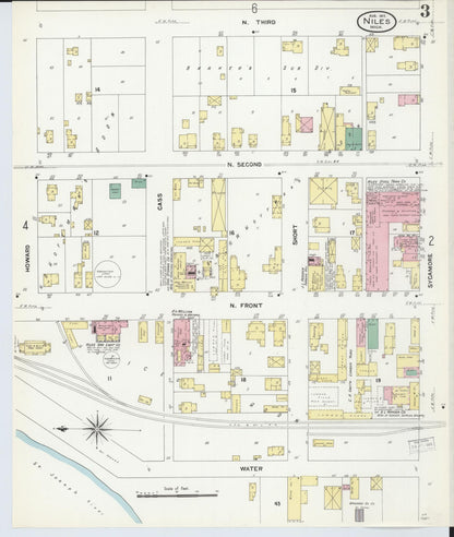 Sanborn Fire Insurance Map from Niles, Berrien County, Michigan (1907), Sheet #0003 - Historic Sanborn Fire Insurance Map Print, vintage old map wall art, antique decor, genealogy gift, Michigan Michigan map