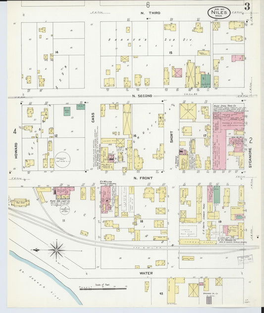 Sanborn Fire Insurance Map from Niles, Berrien County, Michigan (1907), Sheet #0003 - Historic Sanborn Fire Insurance Map Print, vintage old map wall art, antique decor, genealogy gift, Michigan Michigan map