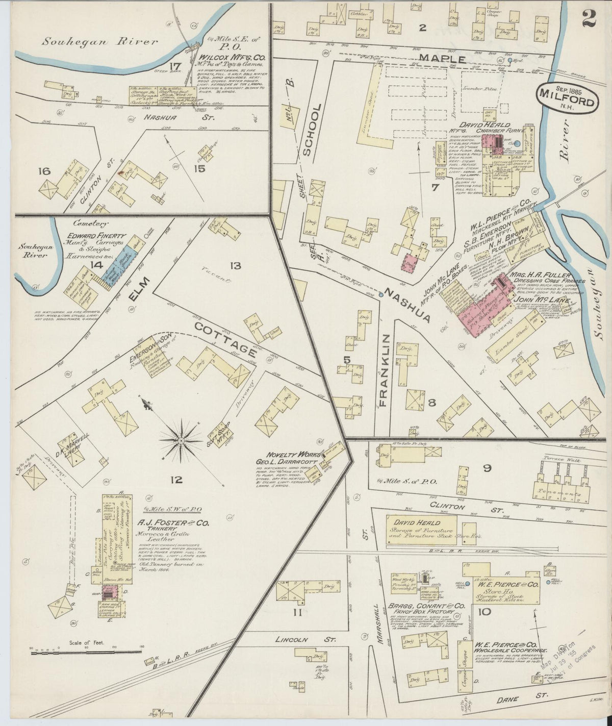 Sanborn Fire Insurance Map from Milford, Hillsborough County, New Hampshire (1885), Sheet #0002 - Historic Sanborn Fire Insurance Map Print, vintage old map wall art, antique decor, genealogy gift, New Hampshire New Hampshire map