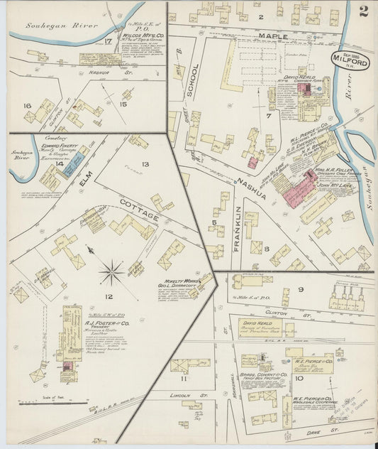 Sanborn Fire Insurance Map from Milford, Hillsborough County, New Hampshire (1885), Sheet #0002 - Historic Sanborn Fire Insurance Map Print, vintage old map wall art, antique decor, genealogy gift, New Hampshire New Hampshire map