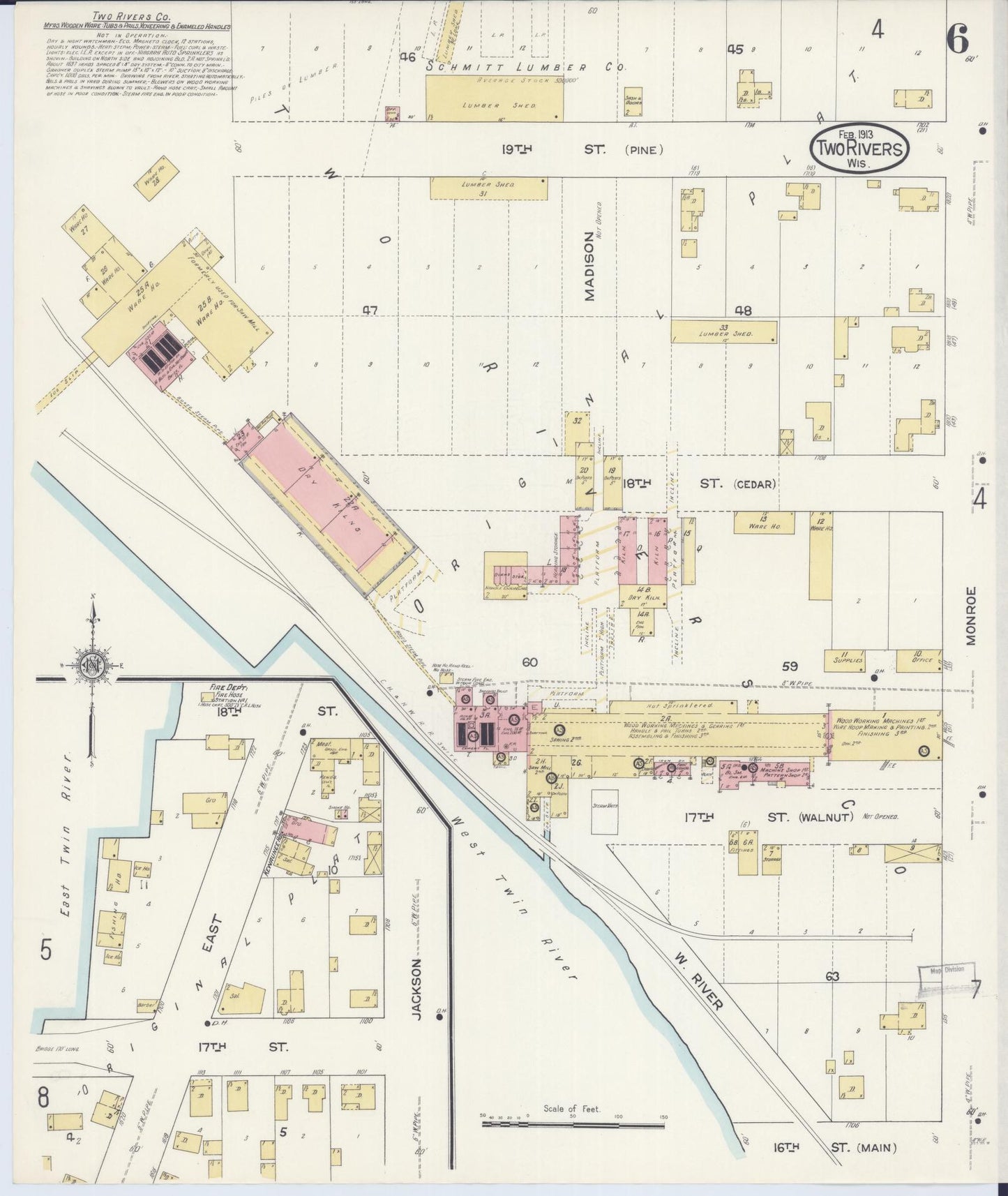 Sanborn Fire Insurance Map from Two Rivers, Manitowoc County, Wisconsin (1913), Sheet #0006 - Complete Map Set gallery image, historic Sanborn map, vintage wall art, Wisconsin Wisconsin
