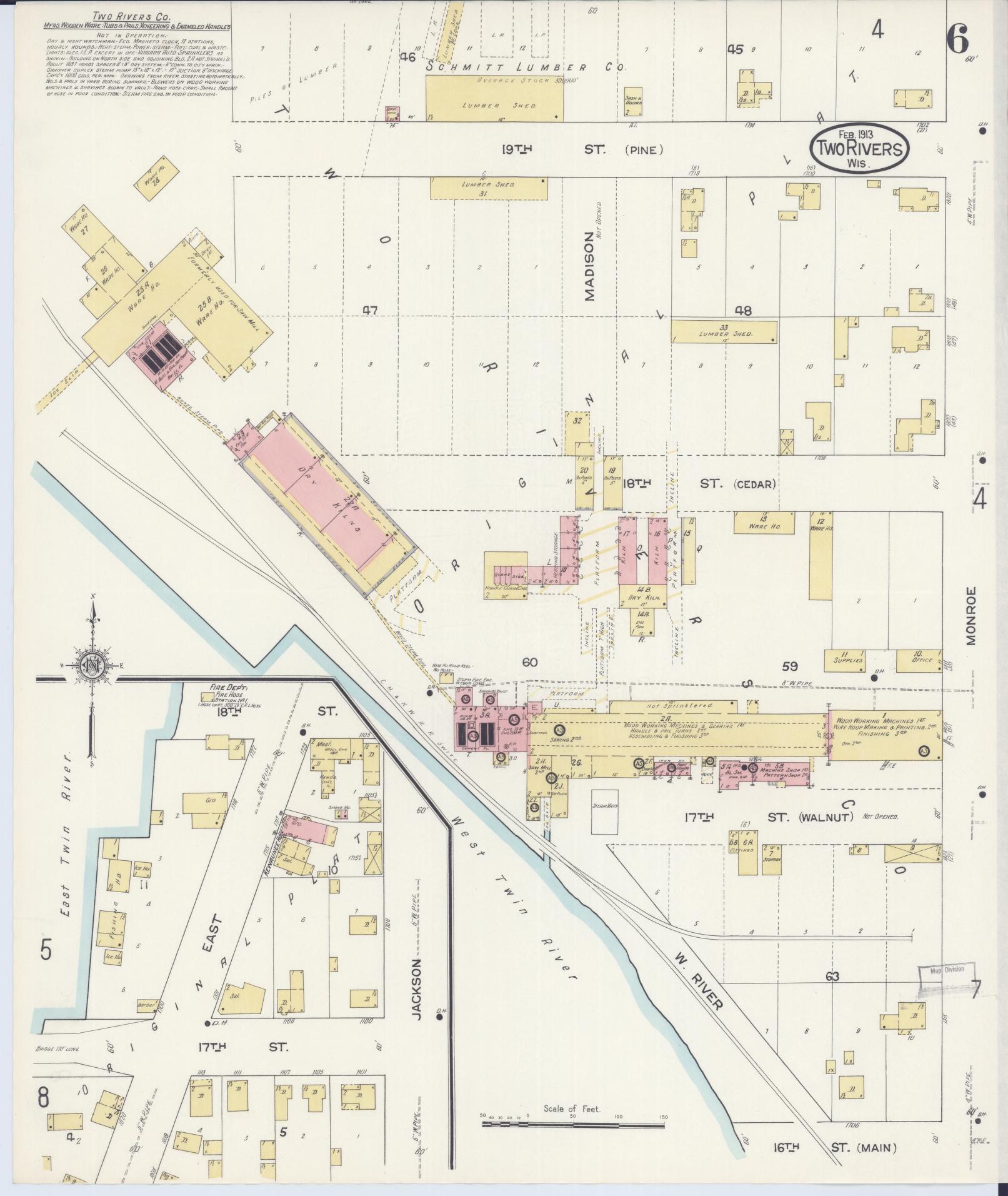 Sanborn Fire Insurance Map from Two Rivers, Manitowoc County, Wisconsin (1913), Sheet #0006 - Complete Map Set gallery image, historic Sanborn map, vintage wall art, Wisconsin Wisconsin
