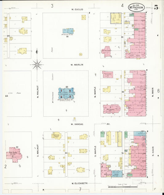 Sanborn Fire Insurance Map from Mcpherson, Mcpherson County, Kansas (1908), Sheet #0005 - Historic Sanborn Fire Insurance Map Print, vintage old map wall art, antique decor, genealogy gift, Kansas Kansas map