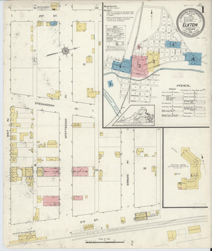 Sanborn Fire Insurance Map from Elkton, Rockingham County, Virginia (1913), Sheet #0001 - Historic Sanborn Fire Insurance Map Print, vintage old map wall art, antique decor, genealogy gift, Virginia Virginia map