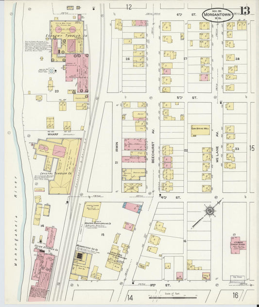 Sanborn Fire Insurance Map from Morgantown, Monongalia County, West Virginia (1911), Sheet #0013 - Historic Sanborn Fire Insurance Map Print, vintage old map wall art, antique decor, genealogy gift, West Virginia West Virginia map