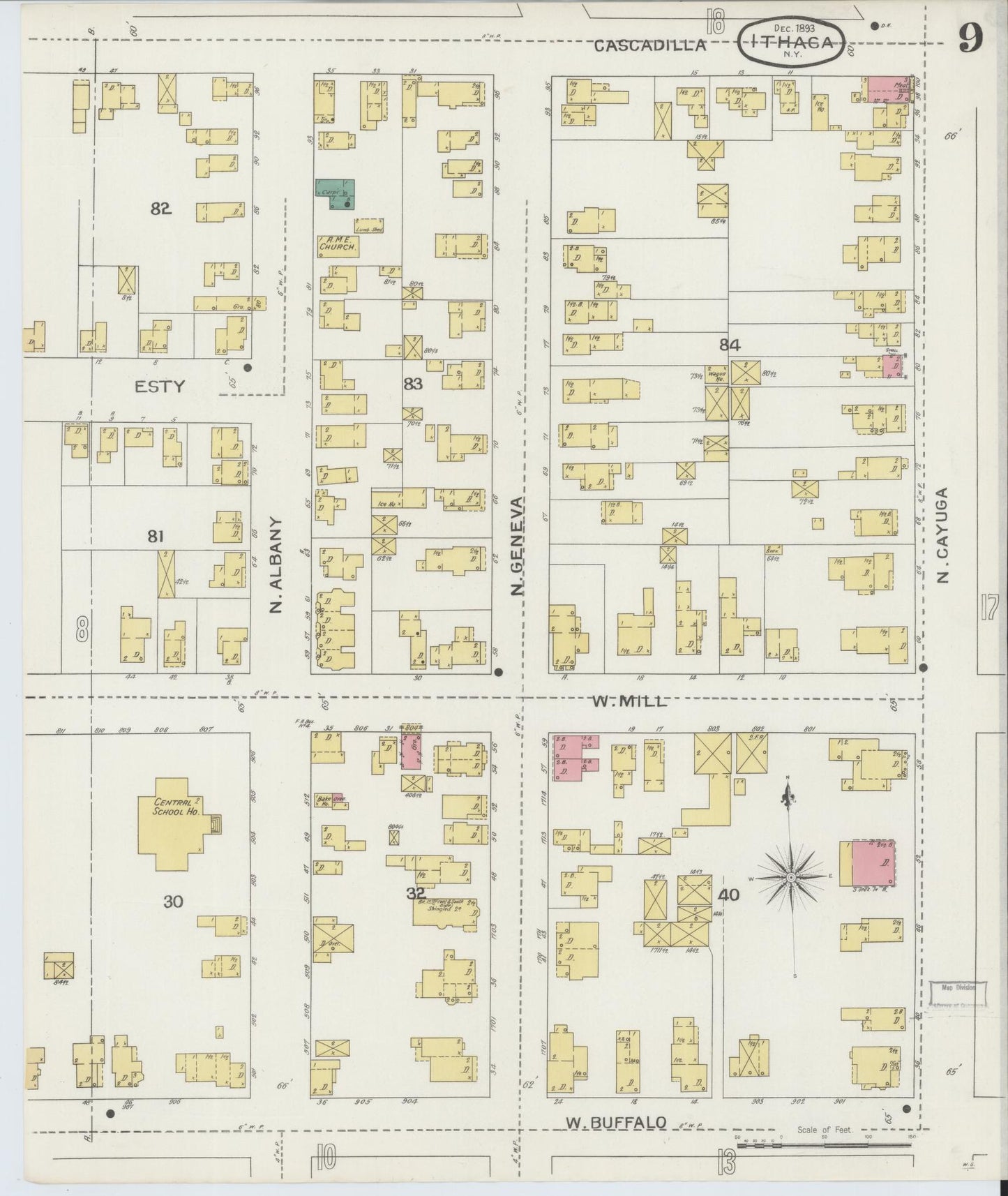 Sanborn Fire Insurance Map from Ithaca, Tompkins County, New York (1893), Sheet #0009 - Complete Map Set gallery image, historic Sanborn map, vintage wall art, New York New York