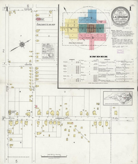 Sanborn Fire Insurance Map from La Grange, Lenoir County, North Carolina (1925), Sheet #0001 - Complete Map Set gallery image, historic Sanborn map, vintage wall art, North Carolina North Carolina