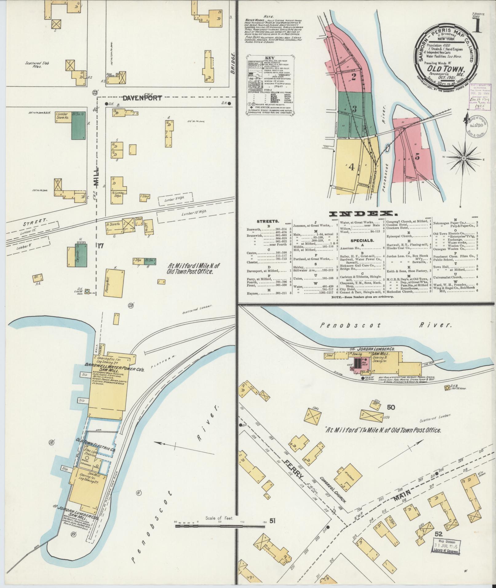 Sanborn Fire Insurance Map from Old Town, Penobscot County, Maine (1901), Sheet #0001 - Complete Map Set gallery image, historic Sanborn map, vintage wall art, Maine Maine