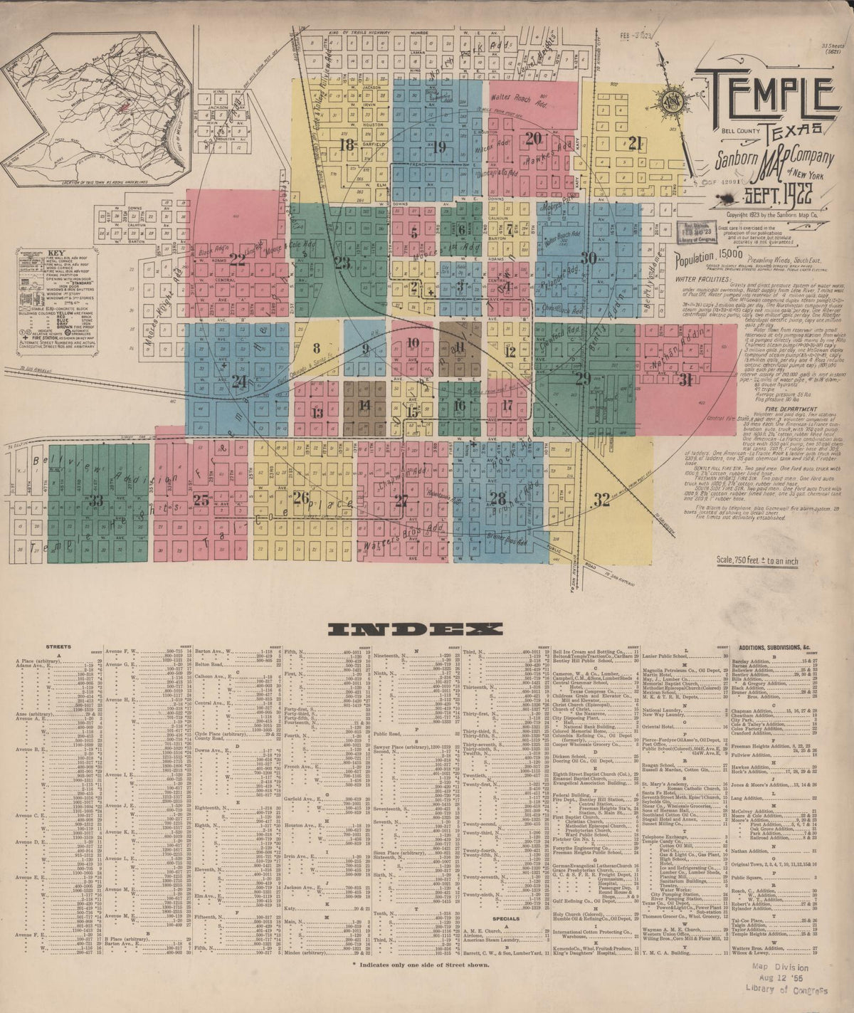 Sanborn Fire Insurance Map from Temple, Bell County, Texas (1922), Sheet #0001 - Complete Map Set gallery image, historic Sanborn map, vintage wall art, Texas Texas