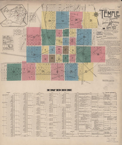Sanborn Fire Insurance Map from Temple, Bell County, Texas (1922), Sheet #0001 - Complete Map Set gallery image, historic Sanborn map, vintage wall art, Texas Texas