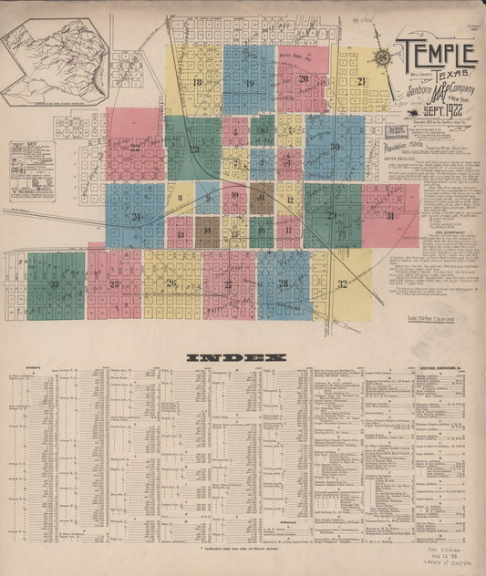 Sanborn Fire Insurance Map from Temple, Bell County, Texas (1922), Sheet #0001 - Complete Map Set gallery image, historic Sanborn map, vintage wall art, Texas Texas
