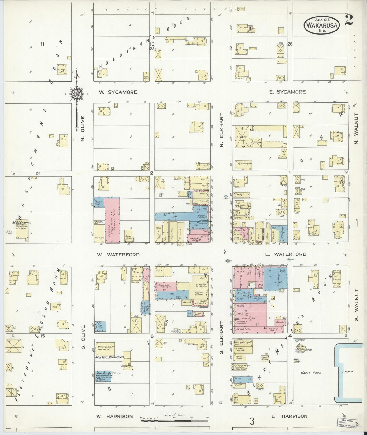 Sanborn Fire Insurance Map from Wakarusa, Elkhart County, Indiana (1914), Sheet #0002 - Historic Sanborn Fire Insurance Map Print, vintage old map wall art, antique decor, genealogy gift, Indiana Indiana map