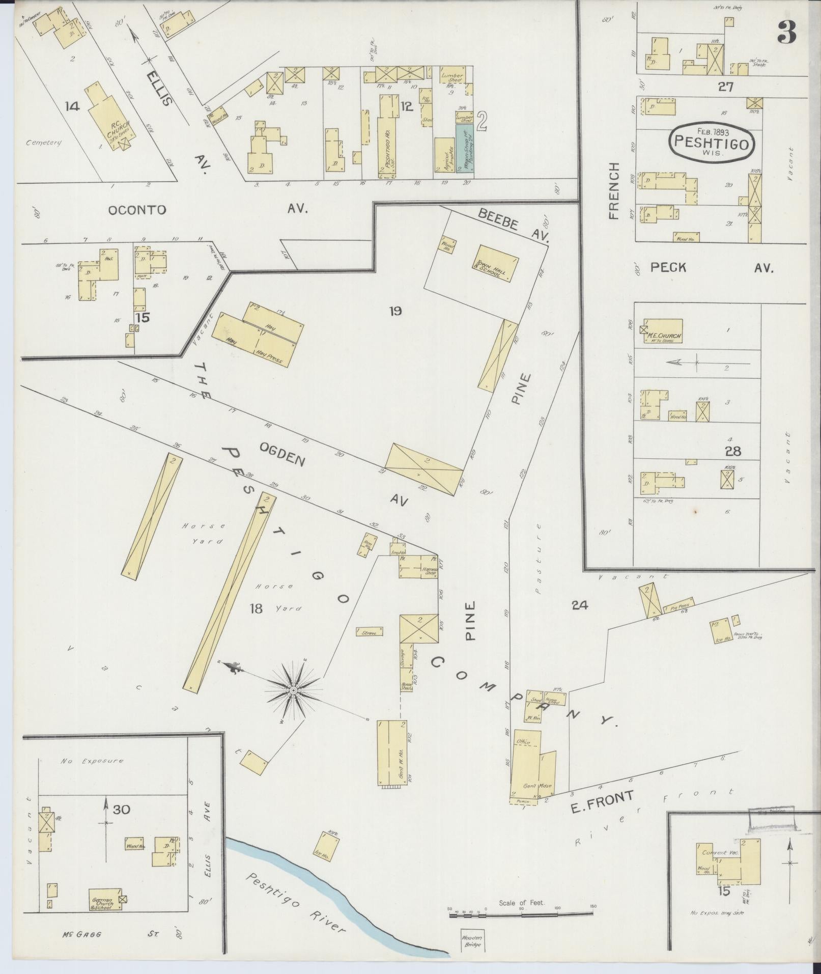 Sanborn Fire Insurance Map from Peshtigo, Marinette County, Wisconsin (1893), Sheet #0003 - Historic Sanborn Fire Insurance Map Print, vintage old map wall art, antique decor, genealogy gift, Wisconsin Wisconsin map