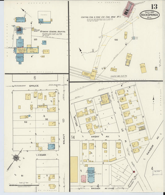 Sanborn Fire Insurance Map from Rock Springs, Sweetwater County, Wyoming (1920), Sheet #0013 - Historic Sanborn Fire Insurance Map Print, vintage old map wall art, antique decor, genealogy gift, Wyoming Wyoming map