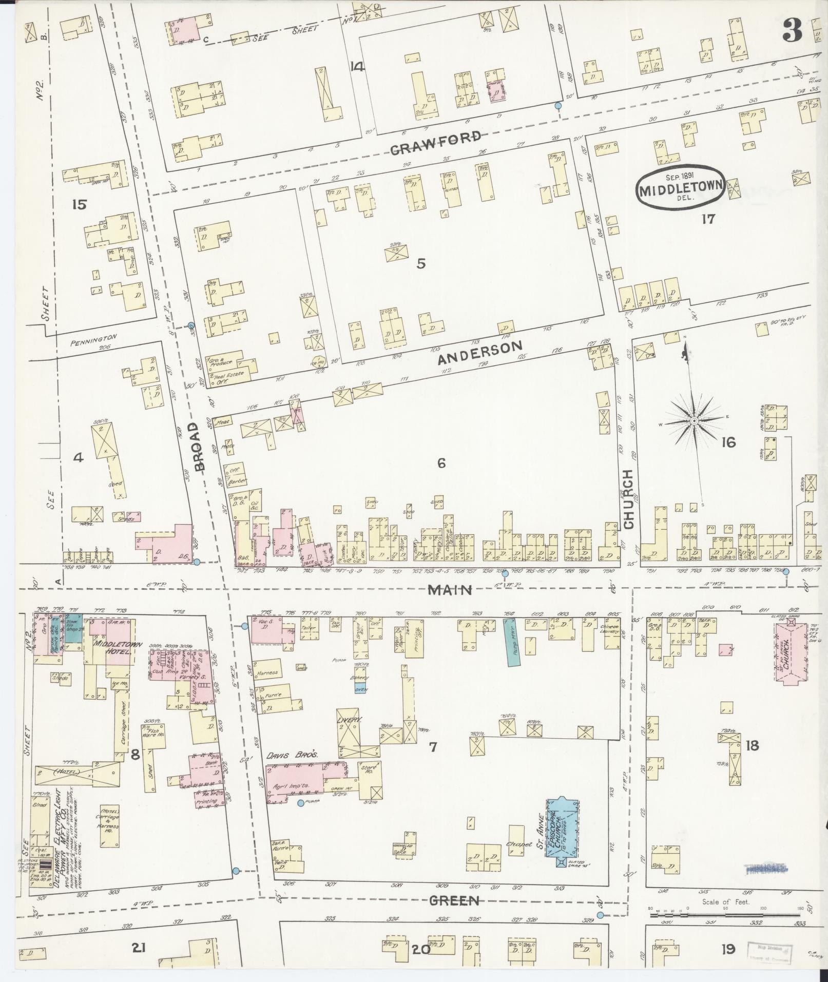 Sanborn Fire Insurance Map from Middletown, New Castle County, Delaware (1891), Sheet #0003 - Complete Map Set gallery image, historic Sanborn map, vintage wall art, Delaware Delaware
