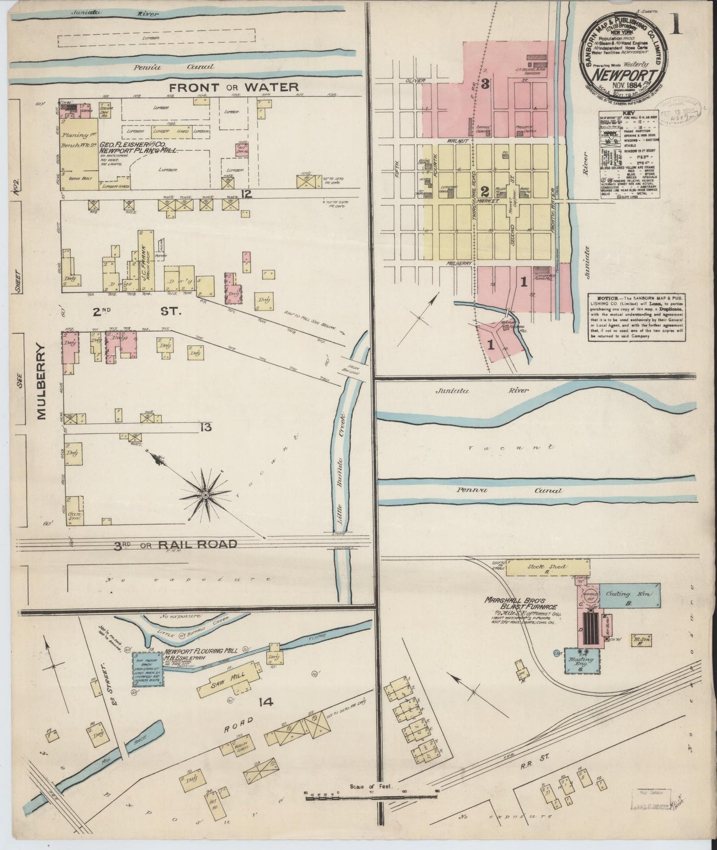 Sanborn Fire Insurance Map from Newport, Perry County, Pennsylvania (1884), Sheet #0001 - Historic Sanborn Fire Insurance Map Print, vintage old map wall art, antique decor, genealogy gift, Pennsylvania Pennsylvania map